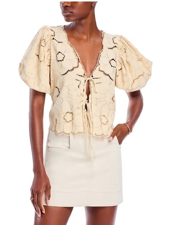 Free People Tops - Free People Cream Eyelet Tie-Front Puff Sleeve Top
